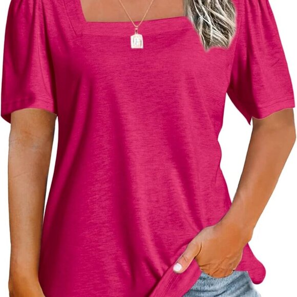 Tops - Womens Casual Short Sleeve Square Neck Puff Sleeve Blouse Summer Tee